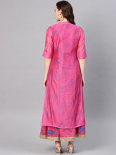 Fuschia Shantoon Gold Foil Print Layered Kurta Dress